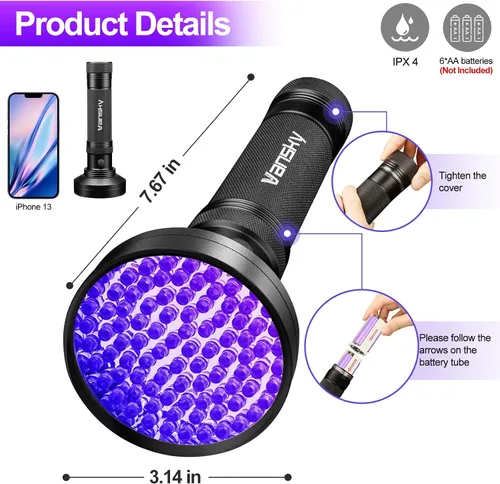 Miniatura 8 de Vansky Linternas UV con luz negra, ultra brillantes, 100 LED, 395 nm, ultravioleta, detector de luz negra para orina de perro, gato y mascotas