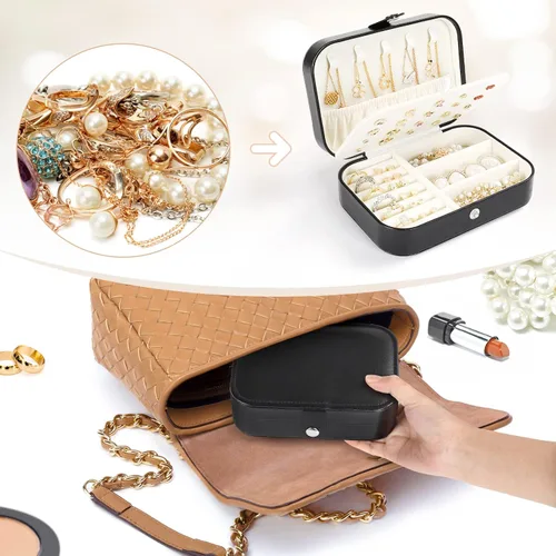 Miniatura 5 de Mpeyuiltic Joyero de viaje, estuche de joyería portátil de piel sintética pequeño para mujeres y niñas, organizador de joyas de viaje de doble capa