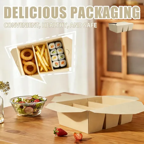 Miniatura 2 de Paquete de 30 recipientes de comida para llevar, 3 compartimentos de 7.5 x 5.4 x 2.6 pulgadas, cajas de papel de pulpa de bambú para llevar