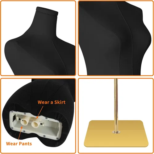 Miniatura 2 de Maniquí de forma de vestido para coser femenino de tela de lino negro con altura ajustable desmontable de 50 a 70 pulgadas, soporte de metal de alta