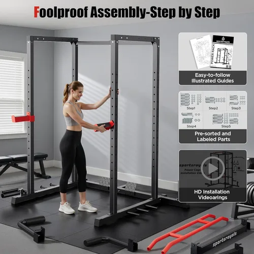 Miniatura 7 de Sportsroyals Jaula de Potencia, Rack de Potencia Multifuncional de 1600 libras con Sistema de Cruce de Cable Ajustable y Más Accesorios de Rojo