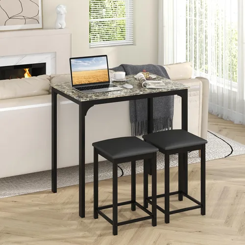 Miniatura 9 de GOFLAME Juego de mesa de comedor de 3 piezas para 2, juego de mesa y sillas de cocina a altura de mostrador con tablero de mármol falso, taburetes
