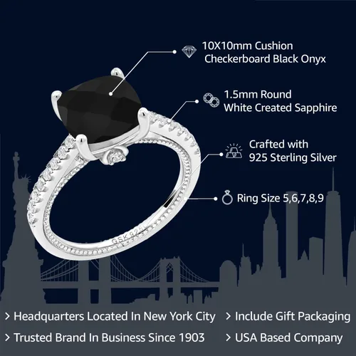 Miniatura 2 de Gem Stone King Anillo de compromiso de plata de ley 925 con ónix negro y zafiro blanco creado para mujer