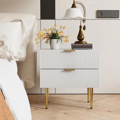 Miniatura 4 de Mesita de noche blanca para dormitorio, juego de 2 mesitas de noche acanaladas, mesa de noche moderna de mediados de siglo con patas de metal dorado