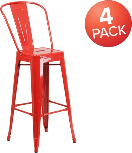 Miniatura 6 de EMMA + OLIVER Paquete de 4 taburetes de bar de metal rojo de 30 pulgadas de alto para interiores y exteriores con respaldo, muebles de cocina