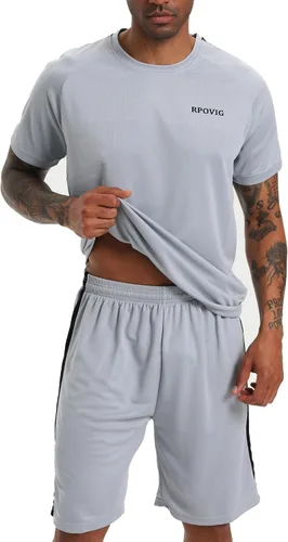 Miniatura 4 de RPOVIG Conjunto de entrenamiento de camisas, pantalones cortos paquete de 3 unidades de ropa para hombre, conjunto corto, gimnasio, atletismo