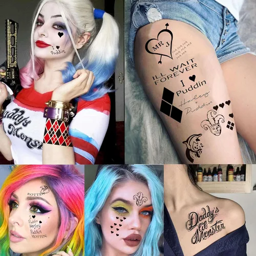 Miniatura 6 de TASROI 5 hojas de calcomanías de tatuaje HQ Joker para mujeres, hombres y adultos, tatuajes temporales de Halloween, kit de maquillaje de cara