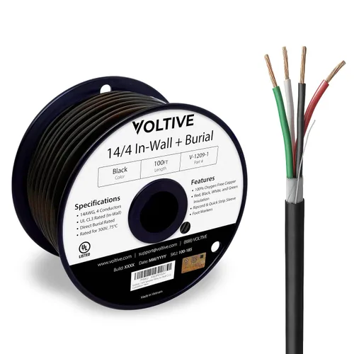 Miniatura 49 de Voltive Cable de altavoz 10/2, CL3 en pared y entierro directo, negro, 100 pies - 10 AWG, 2 conductores, cobre trenzado sin oxígeno, listado UL