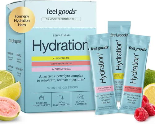 Feel Goods Hydration+, electrolitos de 1,100 mg, paquetes sin azúcar, hidratación diaria, magnesio, cereza ácida orgánica, potasio, menos calambres,
