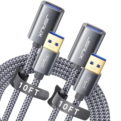 JSAUX Paquete de 2 cables de extensión USB 3.0 de 10 pies + 10 pies, tipo A, macho a hembra, cable extensor USB trenzado de nailon compatible con
