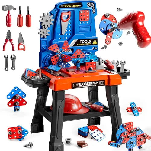 Miniatura 13 de Juego de Herramientas de Juguete para Niños de 3 4 5 6 7 8 años, Juguetes de Banco de Trabajo 2 en 1 para Niños Pequeños de 3-5 años, Caja