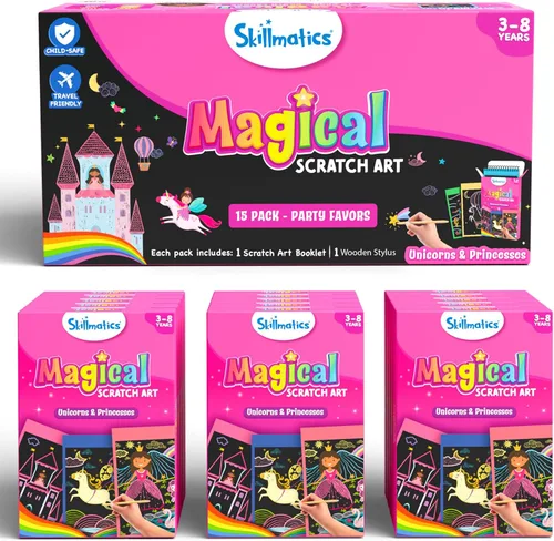 Skillmatics Suministros de fiesta (Paquete de 15) - Juego de arte mágico de rascar para niños, unicornios y princesas, bolsa de regalo rosa,