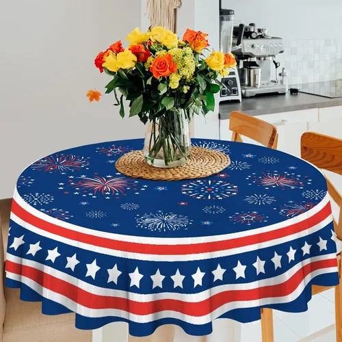 Miniatura 6 de Hexagram Mantel redondo para el 4 de julio, mantel patriótico redondo de 70 pulgadas, estrellas rojas y azules para interiores o exteriores, bandera