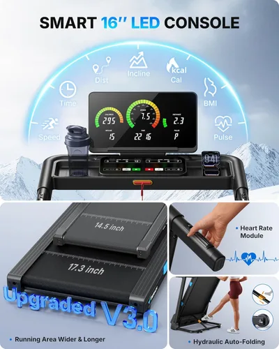 Miniatura 3 de MERACH Treadmills for Home with Incline 0%-15%, 300 LBS Capacity Double Deck Foldable Treadmill with Incline, 0.5-7.5MPH Quiet 2.5HP Brushless