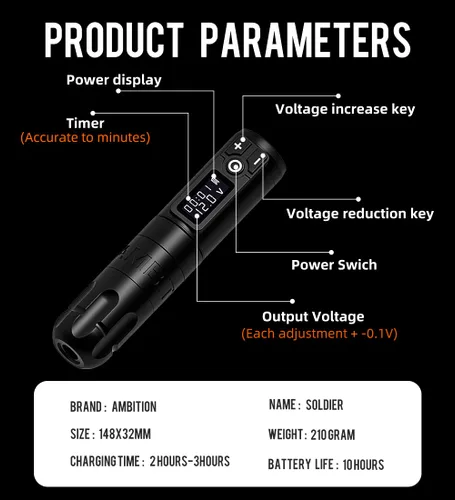 Miniatura 2 de Ambition Kit de máquina de tatuaje inalámbrica soldado, kit completo de bolígrafo de tatuaje con motor rotativo sin núcleo, batería extra de 2400