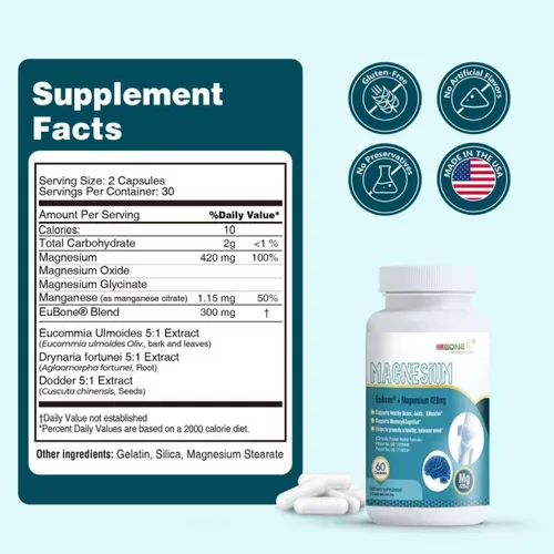 Miniatura 7 de Óxido de magnesio y glicinato extra fuerte 420 mg, suplemento de magnesio de alta absorción con EuBone y manganeso, apoya la salud muscular