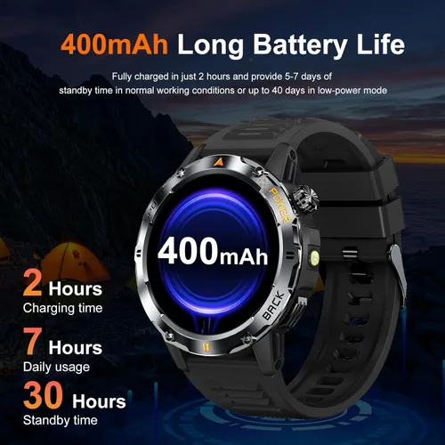 Miniatura 6 de Reloj inteligente militar para hombre, (responder/hacer llamadas), reloj inteligente de fitness con linterna compatible con Android y iPhone, Negro