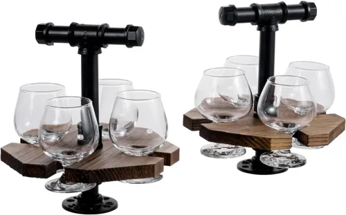 Miniatura 6 de MyGift Bandeja de madera quemada maciza para servir whisky y cerveza con asa de transporte industrial de tubo de metal negro y 4 vasos de cerveza
