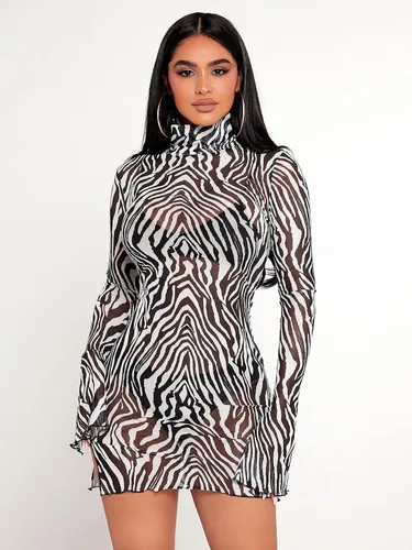 Miniatura 4 de Verdusa Vestido ajustado de manga larga con cuello alto falso de malla transparente para mujer