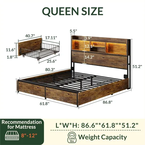 Miniatura 2 de LARMACE Base de cama tamaño Queen con 6 cajones de almacenamiento y cabecero, plataforma de madera con luces LED y estación de carga, fácil montaje