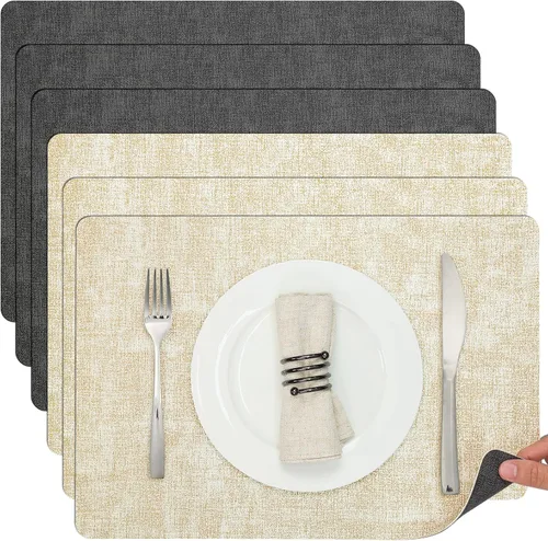 Miniatura 21 de Myir JUN Juego de 6 manteles individuales de doble cara, de piel sintética, para interiores, para mesa de comedor, exteriores, cuadrados, Negro