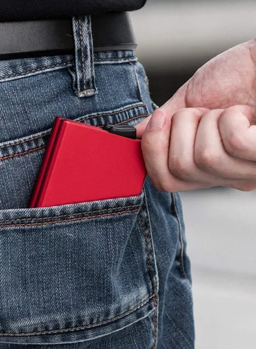 Miniatura 35 de VULKIT Cartera desplegable, soporte minimalista para tarjetas de crédito, bloqueo RFID, funda de metal delgada para hombres