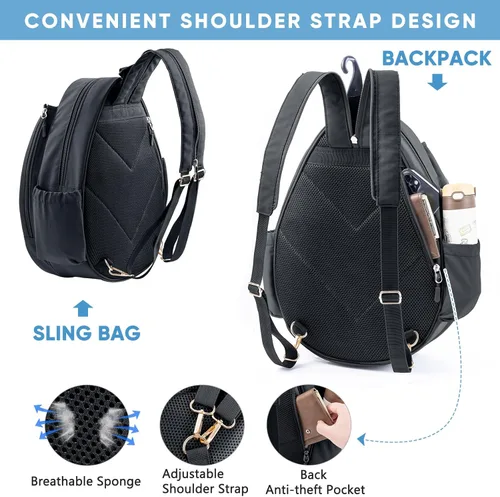 Miniatura 5 de Mochila de Tenis con Soporte para 2 Raquetas, Bolsa de Raqueta de Tenis de Cuero PU Resistente al Agua para Mujeres y Hombres, Mochila Deportiva