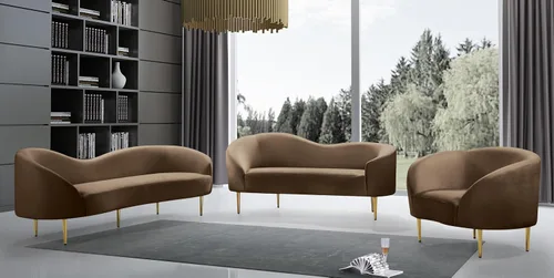 Miniatura 8 de Meridian Furniture 659Brown-L Ritz Collection Modern Sofá biplaza tapizado contemporáneo con terciopelo marrón intenso, patas de metal dorado