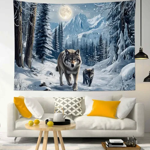 Miniatura 25 de LB Tapiz de Bosque de Nieve de Invierno, Pino Negro y Verde con Copo de Nieve Blanco Tapiz de Pared para Dormitorio, Arte de Pared de Paisaje