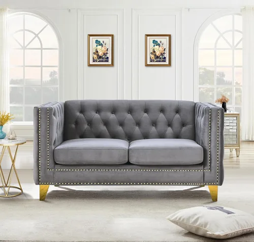 Miniatura 12 de Sofá de terciopelo de 3 plazas, cómodos sofás para sala de estar, sofá moderno con respaldo copetudo y decoración de remaches, sofá largo tapizado