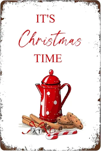 Cartel de hojalata retro con texto en inglés "It's Christmas Time", color rojo, vintage, cafetera, con taza, decoración de pared para el hogar,