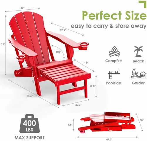 Miniatura 2 de GREENVINES Adirondack - Sillas con otomana Juego de 2 Plegables Reposapiés retráctil Plástico HDPE Silla para hoguera para todo
