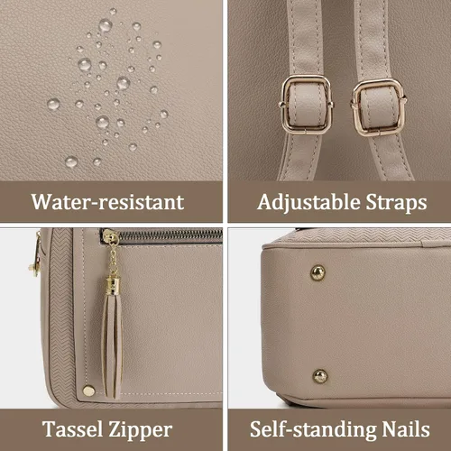 Miniatura 5 de Mini mochila antirrobo para mujer, bonita mochila escolar para adolescentes y niñas con cremallera segura y borla, Caqui, Mochilas de viaje