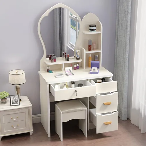 Miniatura 15 de QQXX Juego de tocador grande con espejo, tocador de maquillaje con estantes de almacenamiento y 4 cajones, taburete acolchado para dormitorio