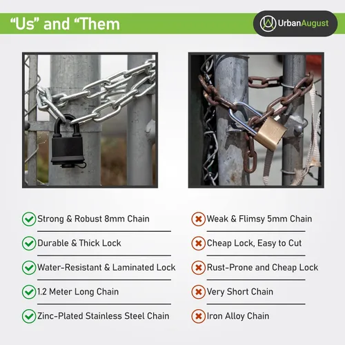 Miniatura 6 de Urban August Cadena de seguridad endurecida de 0.315 pulgadas de grosor con un bloqueo de almohadilla resistente a la intemperie – Cerradura de Cromo