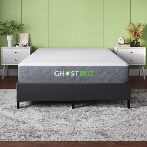 GhostBed Colchón clásico de espuma viscoelástica de 11 pulgadas con plataforma de metal, base de cama con soporte de listones, sensación firme