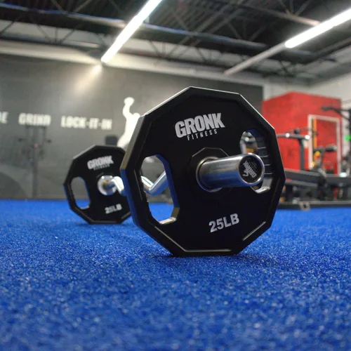 Miniatura 4 de Gronk Fitness Placas de pesas olímpicas de uretano de 10 lados Pesas duraderas para gimnasios domésticos y comerciales Diseño no rodante