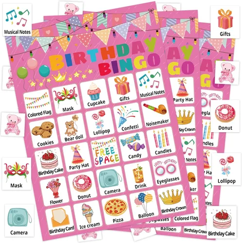 Juego de bingo de cumpleaños para niños, niñas y adultos, tarjetas de bingo de cumpleaños para 24 jugadores, suministros para fiesta de cumpleaños,