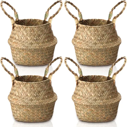 Miniatura 13 de Qunclay 4 Cestas Tejidas de Hierba Marina Belly Basket Plegable Boho Natural Maceta con Asas Redonda Decorativa de Mimbre Grande para Interiores