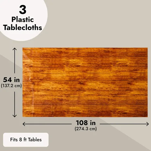 Miniatura 4 de Blue Panda Paquete de 3 manteles de grano de madera para mesas rectangulares, mantel de plástico de madera marrón, 54 x 108 pulgadas, mantel