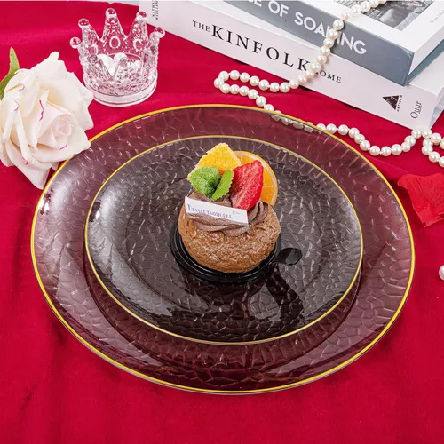 Miniatura 7 de Hioasis 60 piezas de platos de plástico negro - Juego de vajilla desechable con borde dorado, martillado, resistente, adecuado para 30 invitados