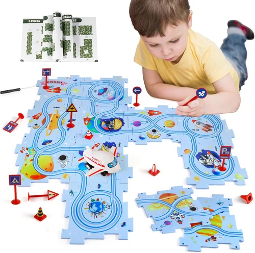 Rompecabezas de Piso de Plástico para Niños con Coche de Juguete de Avión, Conjunto de Juego de Coches de Pista con Rompecabezas, Juguetes