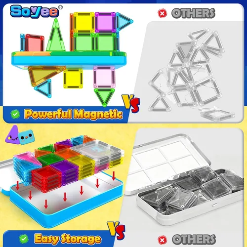 Miniatura 10 de Soyee Mini azulejos magnéticos de viaje, 60 piezas con estuche de lata de metal, juguetes esenciales de viaje, juguetes de viaje para niños