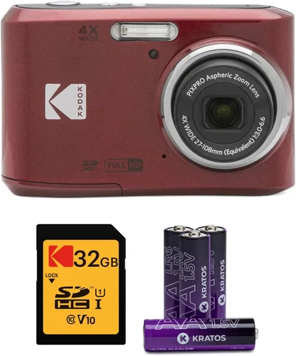 Kodak PIXPRO FZ45 - Cámara digital (rojo) con tarjeta de memoria SDHC UHS-I U1 de 32 GB clase 10 y pilas alcalinas AA de alto rendimiento (paquete
