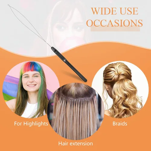Miniatura 5 de Chuangdi 20 piezas de extensión de cabello, enhebrador de aguja para tirar de gancho, dispositivo de cuentas de aguja para suministros de Negro