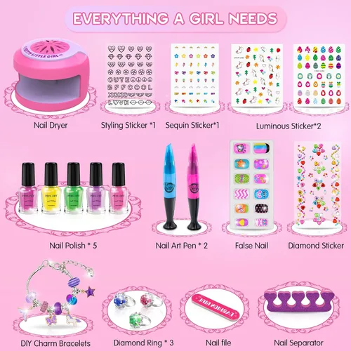 Miniatura 7 de BATTOP Juego de esmaltes de uñas para niñas – Kit de arte de uñas para niños con secador, uñas postizas, calcomanía, esmalte de uñas a base de agua
