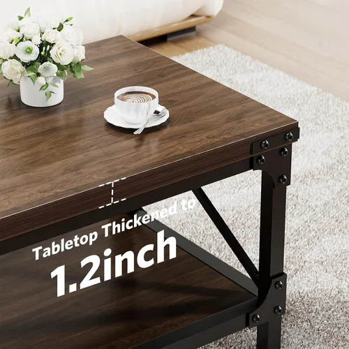 Miniatura 4 de Mesa de café rectangular para sala de estar, mesa de café rectangular de madera, mesa central moderna de 2 niveles de color marrón oscuro con Nogal