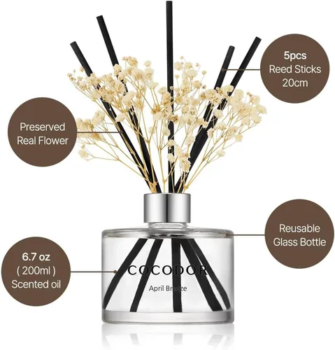 Miniatura 3 de COCODOR Juego de Difusor de Varillas de Junco con Flores / 6.7 oz / Eucalipto Limón / Difusor de Aroma con Varillas Fragancia para el Hogar Difusor
