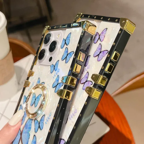 Miniatura 5 de Funda Rectangular de Lujo Femenina Compatible con iPhone 16 Pro Max Diseñada con Soporte de Anillo de Diamante con Función de Atril