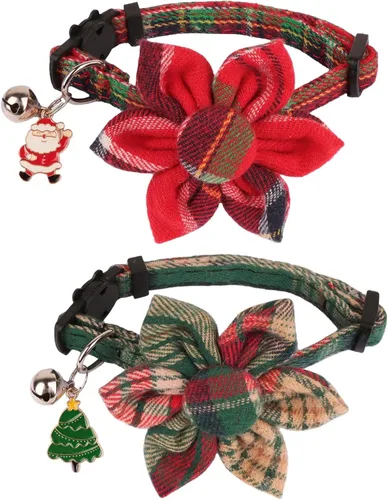 Miniatura 9 de PTDECOR Paquete de 2 Collares de Navidad para Gatos, Collar a Cuadros con Cascabel de Moño Extraíble, Collares de Navidad con Moño a Cuadros de Arco